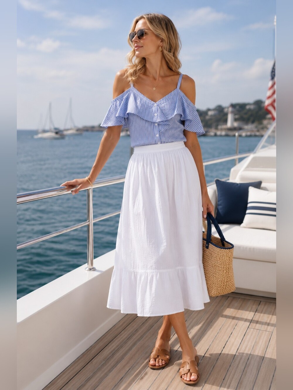 Veronica Beard Grant Blue Striped Off-Shoulder Ruffled Blouse Coastal Women's 0